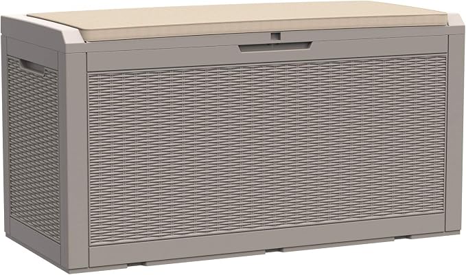 Modern-Depo 100 Gallon Polypropylene PP Deck Box Indoor Outdoor Waterproof Lockable Organization Container & Storage Bin Delivery Box with Cushion, Gray