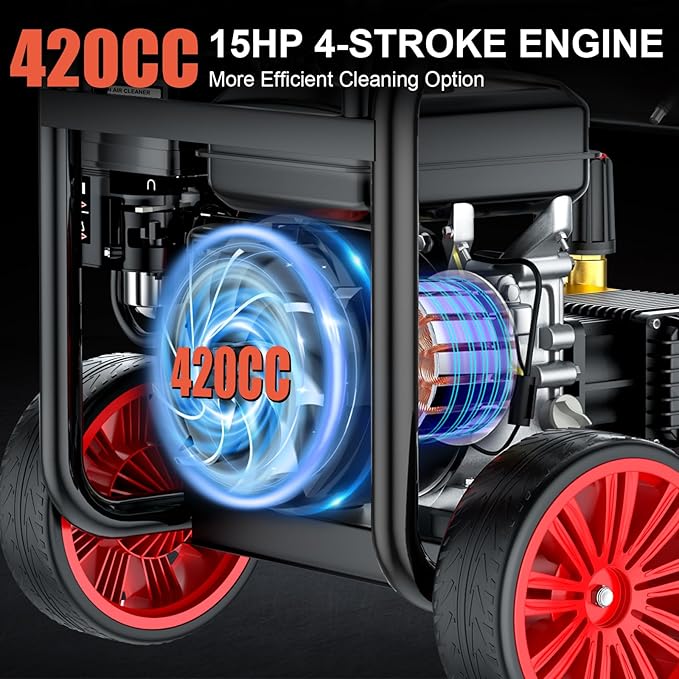 4400PSI Gas Pressure Washer with Hose Reel, One-Button Start 420cc 15HP 4-Cycle Engine, 4.0 GPM Heavy Duty Power Washer with 50FT 3/8" Hose, Spray Gun & Wand, 5 Quick Connect Nozzles