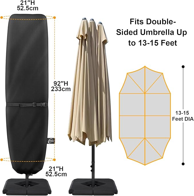 Kipiea Patio Umbrella Cover for 13'-15' Double-Sided Umbrella, Upgraded 600D Heavy Duty Outdoor Umbrella Covers with Support Pole and Zipper