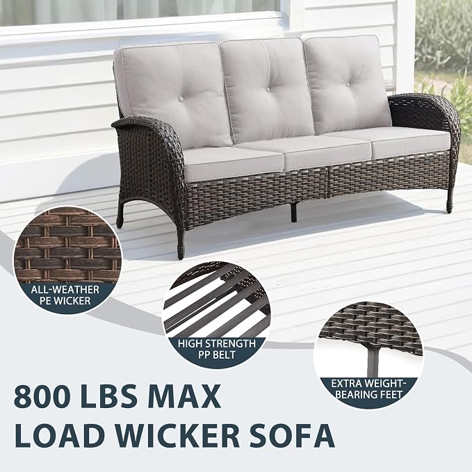 7 Piece Patio Furniture Set - Wicker Patio Conversation Set with Swivel Glider, 3 Seat Sofa, 2 Ottomans, Glass Side Table and Coffee Table for Deck Backyard - Brown Wicker Beige Cushion