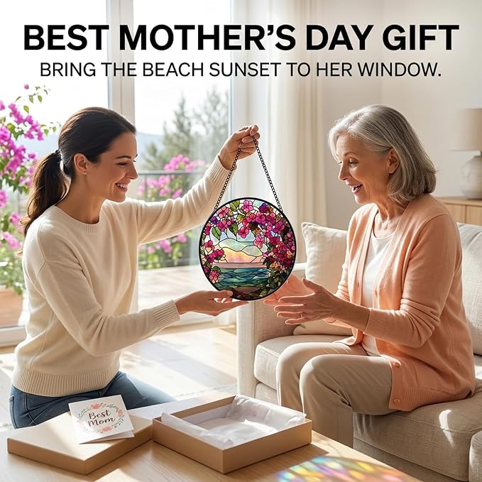 Birthday Gifts for Women - Ocean Flowers Faux Stained Glass Window Hanging Sun Catcher for Door Garden Acrylic Scenery Decor Mother's Day Christmas for Mom Men Nana Grandma Sisters 7.8"