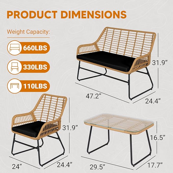 4 Piece Outdoor Wicker Patio Conversation Bistro Set, Rattan Patio Furniture Set with Table and Cushions, Conversation Loveseat Chairs for Backyard, Balcony, Black
