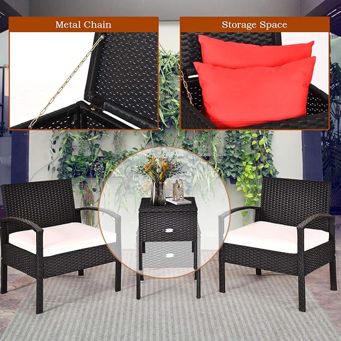Tangkula 3 Piece Patio Wicker Conversation Set, Outdoor Rattan Furniture with Washable Thick Cushion & Coffee Table w/Storage Space, Patio Furniture Set for Backyard Porch Garden Poolside (White)