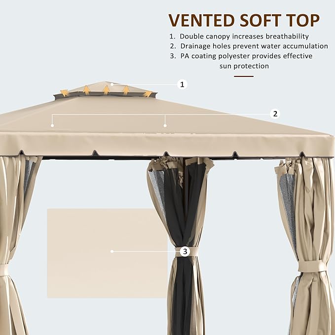 Outsunny 10' x 10' Patio Gazebo, Aluminum Frame Double Roof Outdoor Gazebo Canopy Shelter with Netting & Curtains, for Garden, Lawn, Backyard and Deck, Khaki