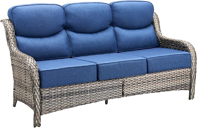 71'' Patio Couch Outdoor Wicker Sofa, Heavy Duty All-Weather Rattan 3-Seater Sofa with Deep Seating and Removable Cover, Outdoor Patio Furniture for Deck Porch Sunroom Backyard Grey/Blue
