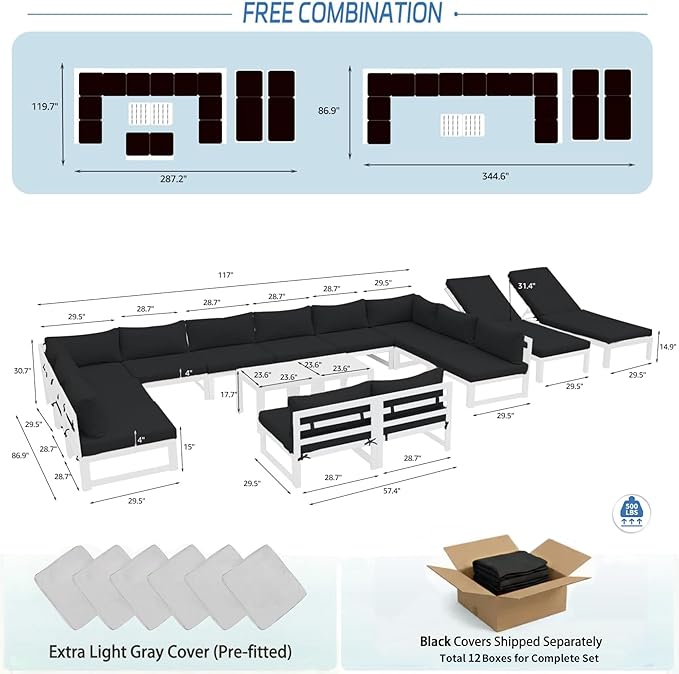 NICESOUL 16 Piece Luxury Aluminum Outdoor Sectional Sofa with Chaise Lounge, Oversized Modular Patio Furniture Set, 29" Deep Wide Seating, 500 lbs Heavy Duty Conversation Set for Backyard, Black