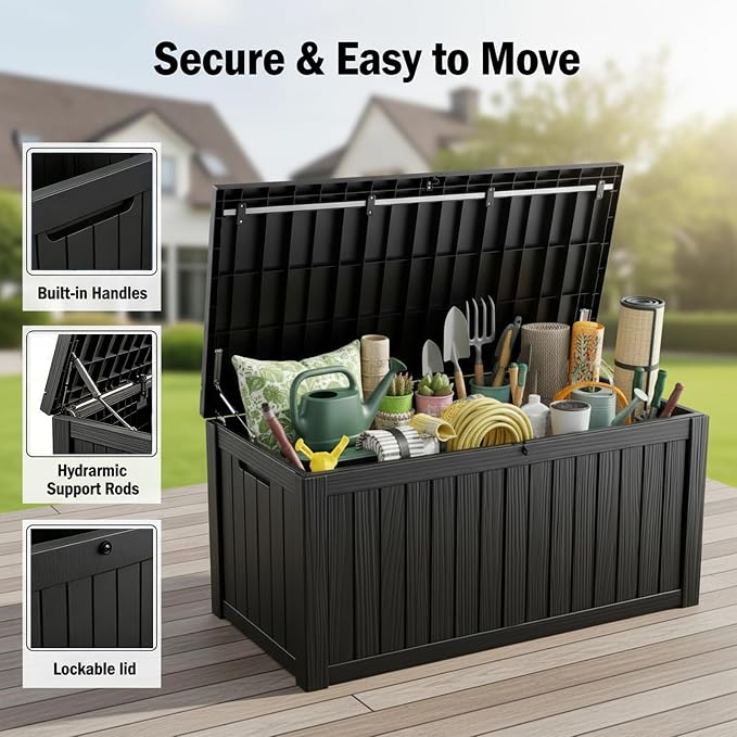 MAKINO 152 Gallon Resin Outdoor Storage Box, Waterproof Deck Box with Lockable Lid, Outside Storage Box for Patio Furniture, Pool Accessories, Garden Tools, Storage Bench for Backyard, Porch, Black