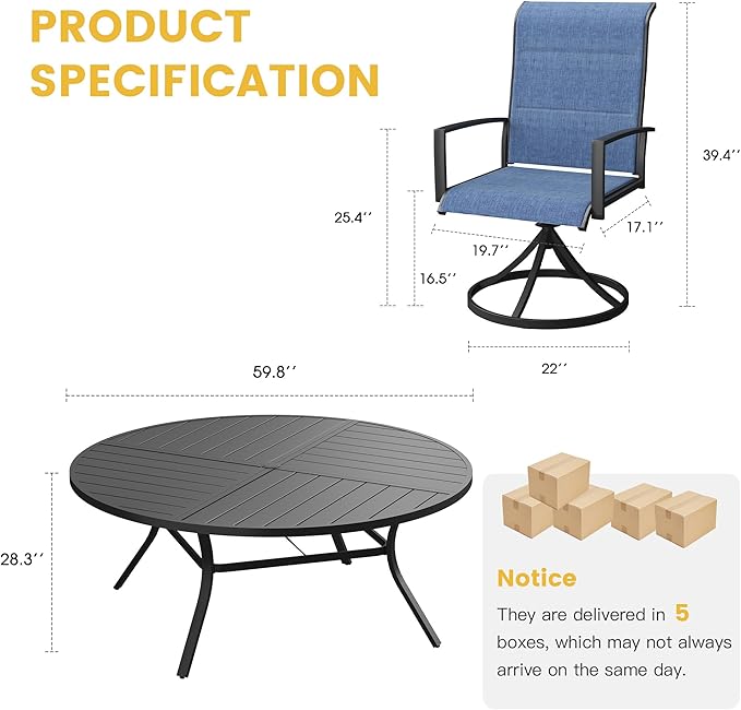 VICLLAX Patio Dining Set for 8, 8 Seats Outdoor Furniture Includes 59.9" Round Patio Table and Swivel Padded Chairs, Black Tabletop and Blue Fabric
