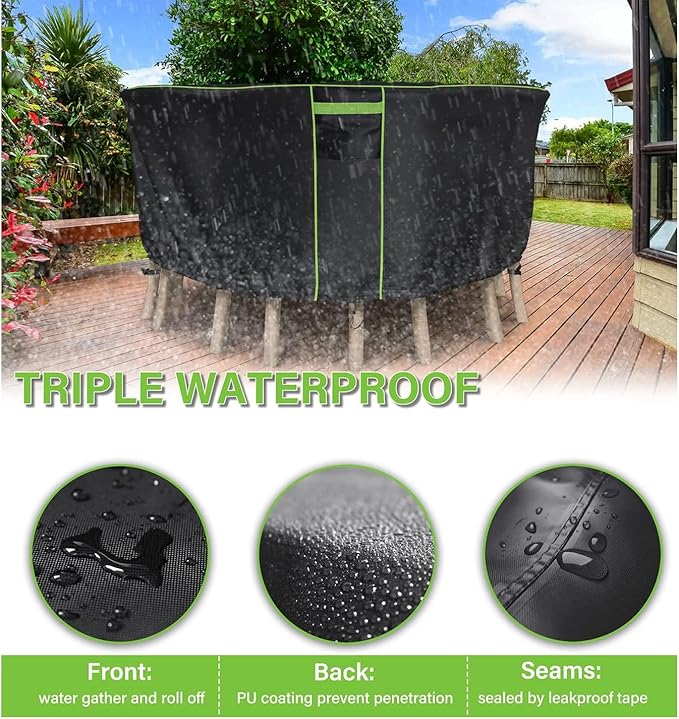 Round Patio Table Cover for Outdoor Table Chairs Set,600D Outdoor Furniture Cover Waterproof,Tear Resistance and Anti-UV,62" Dia x 28" H,Black
