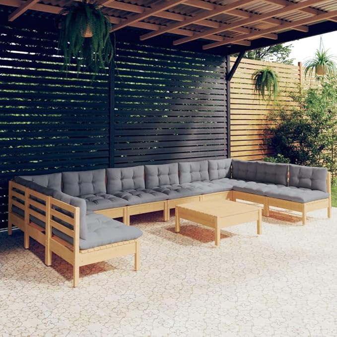Patio Furniture Sets,Outdoor loveseat,Patio Conversation Sets,11 Piece Patio Lounge Set with Gray Cushions Solid PinewoodSuitable for Patio, Garden, Gazebo Low