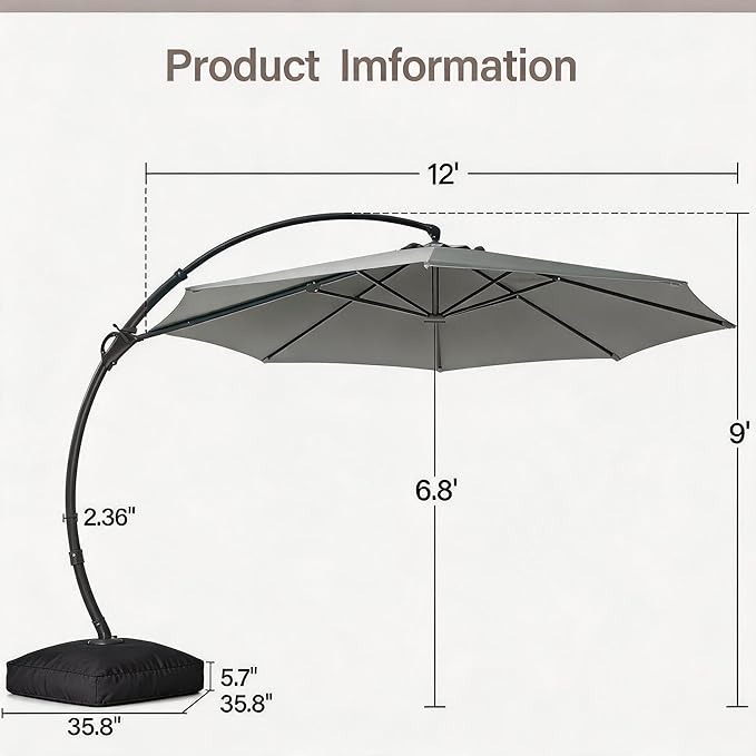 LAUSAINT HOME 12ft Patio Cantilever Umbrella with Base Included, Outdoor Curvy Round Offset Umbrella, Heavy Duty Aluminum, 360° Rotation for Pool, Deck, Lawn, Backyard (Grey)