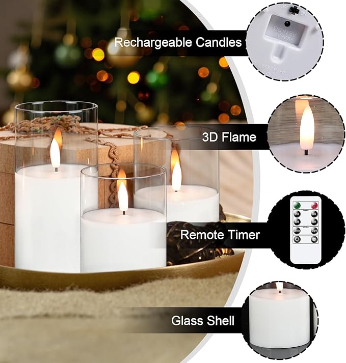 GenSwin Rechargeable Flameless Candles with Remote Timer, Clear LED Battery Operated Candles with Flickering Flame, Glass and Real Wax Pillar Candle Holiday Home Decor(Set of 3, D3”xH4”5”6”)