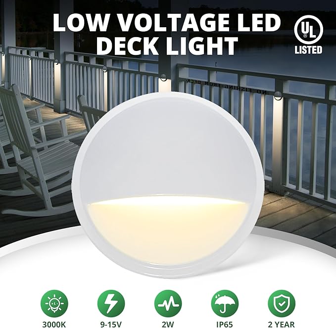 GKOLED Landscape Deck Light, Low Voltage 12V AC/DC Outdoor Patio Lighting, LED 2W Step Light, Die-Casting Aluminium with Glossy White Powder Coated Finish, 3000K, 6 Pack