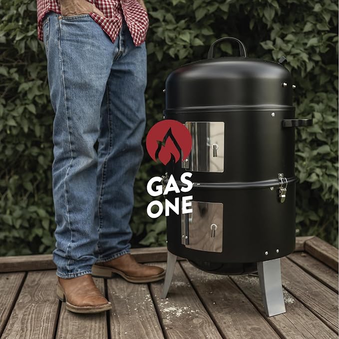 GasOne Vertical Smoker with Thermometer – 16 Inch Heavy Duty Charcoal Smoker – Multipurpose Charcoal BBQ Grill Smoker for Outdoor, Camping – Easy Assembly, 2 Access Doors Grill with Smoker