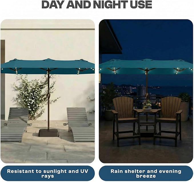 15FT Patio Umbrella with Solar Lights, Double-Sided Extra Large Outdoor Table Umbrella with Base Included, Heavy-Duty 12 Iron Ribs Market Umbrella for Garden, Pool, Backyard, Lake Blue