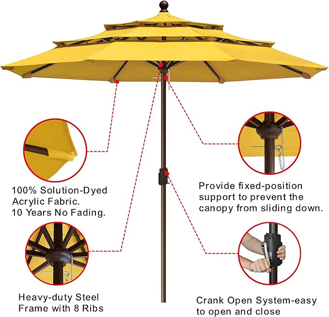 EliteShade USA 10-Year-Non-Fading 11ft 3-Tier Market Patio Umbrella, Commercial Grade Outdoor Table Umbrella with Crank Open, Windproof & UPF 50+ UV Protection, Heavy Duty Ventilation for Garden, Deck, Pool, Backyard, Beach & Bistro, No Tilt, Sunflower...