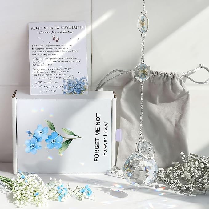 Miscarriage Memorial Suncatcher Gifts for Mothers Dad, Handmade Forget Me Not Baby's Breath Pressed Flower Miscarriage Ornament, Bereavement Remembrance Gift for Loss of Baby (Blue White)