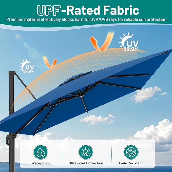 AreShark 9 × 9FT Square Cantilever Patio Umbrella with Base Included, 360° Rotation Offset Outdoor Umbrella, 5 Tilt Settings Heavy Duty Hanging Parasol for Deck Garden Pool, Royal Blue