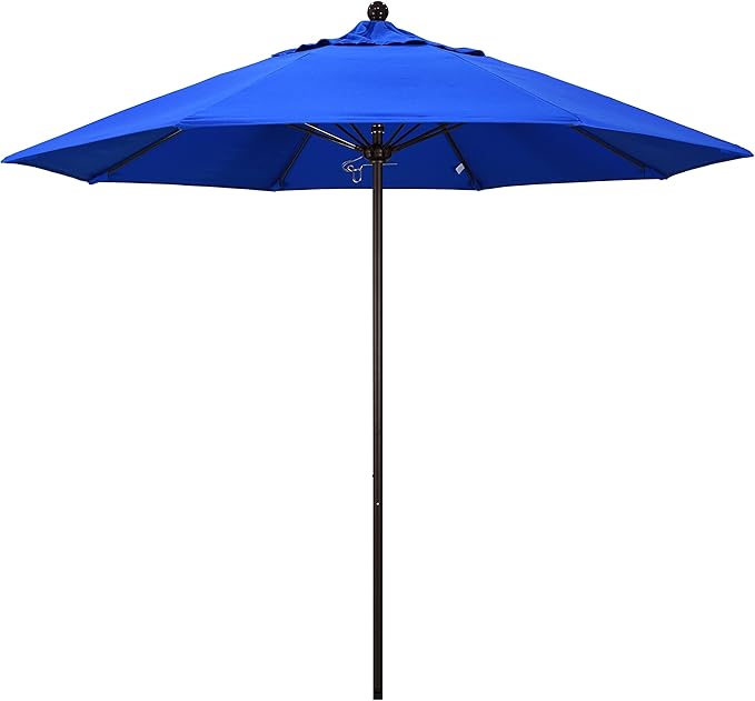 California Umbrella 9' Round Aluminum/Fiberglass Umbrella, Push Open, Bronze Pole, Sunbrella Pacific Blue