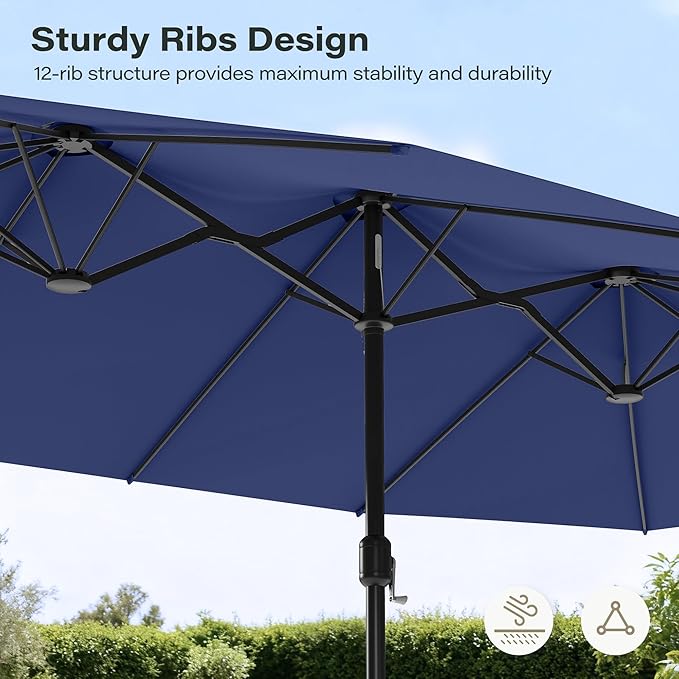 EO Living 13ft Large Patio Umbrella, Double-Sided Rectangle Outdoor Umbrella with Base Included, Table Umbrella for Poolside Deck Market (Navy Blue)