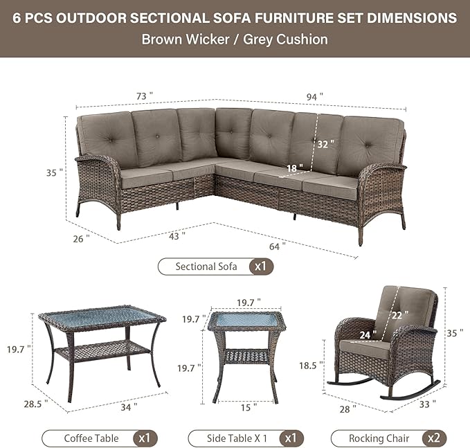 Belord Outdoor Furniture Set - 6 Pieces Patio Conversation Sectional Sofa Set with Patio Rocking Chairs Set of 2 and Wicker Coffee Table for Deck Backyard Sunroom Brown