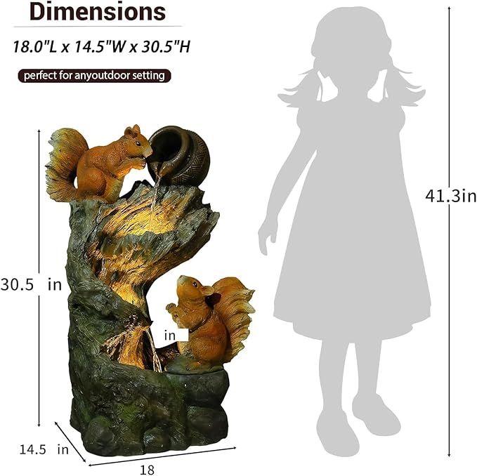 Tankana 30.5" H Squirrel Outdoor Water Fountain, Rustic Tree Stump Cascading Waterfall with LED Lights, Animal Water Feature for Patio, Yard, Porch and Deck Decor, Sculpture Resin Floor Fountain