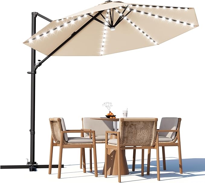 Greesum 10FT Outdoor Patio Umbrella with High Pedel and 4 Gear Heights, Large Offset Umbrella with Solar LED Lights and 360-degree Rotation, Without Base, Hanging Outdoor Shade for Garden, Beige