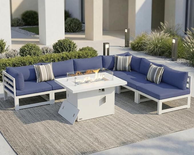 NICESOUL 7 Piece Modern Aluminum Patio Furniture Set with Fire Pit Table, 500 lbs Heavy Duty Outdoor Sectional Sofa, 29" Deep Wide Oversized Seating Conversation Couch for Garden Exterior, Denim Blue