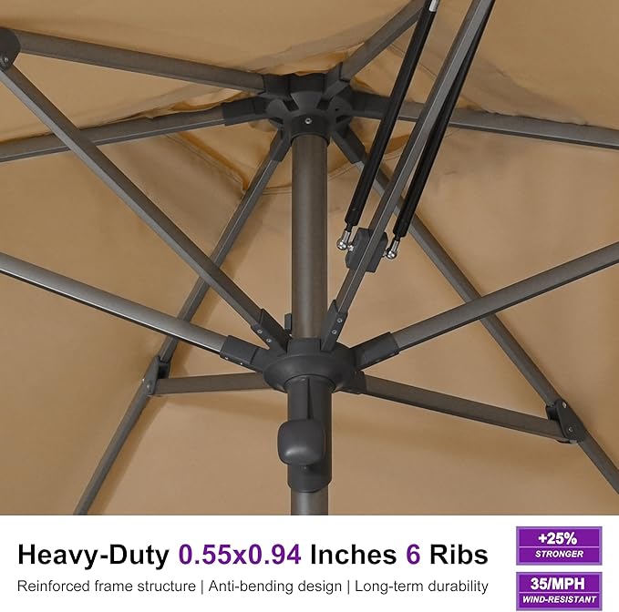 PURPLE LEAF 6 X 10 FT Commercial Rectangle Patio Market Umbrella Semi Auto Heavy Duty 1.9" Aluminum Pole 6 Sturdy Ribs for Outdoor Dining Business Restaurant Poolside Hotel Resort Wedding Venue Cafes Garden Beige