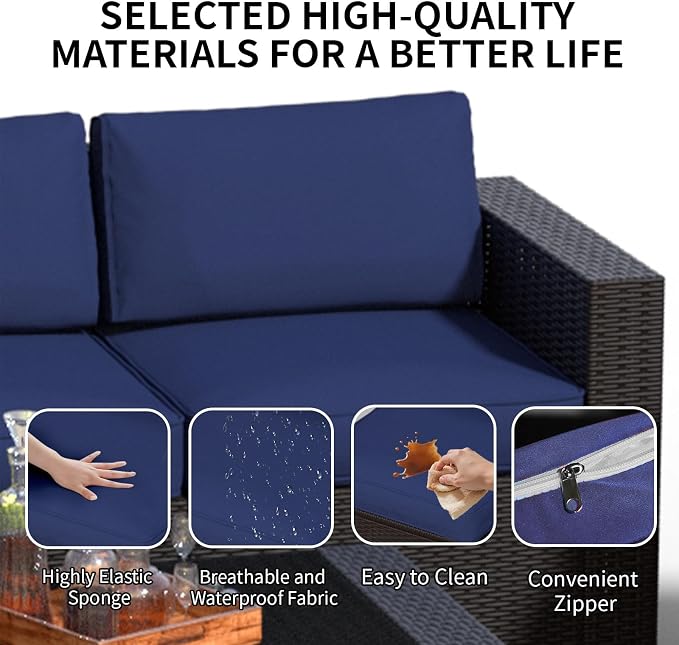 7 Piece Patio Furniture Set, Slanted Back Outdoor Sectional Sofa, Patio Conversation Sets with Cushion and Glass Table, Patio Sofa Furniture for Garden, Deck, Dark Brown Rattan & Dark Blue Cushions