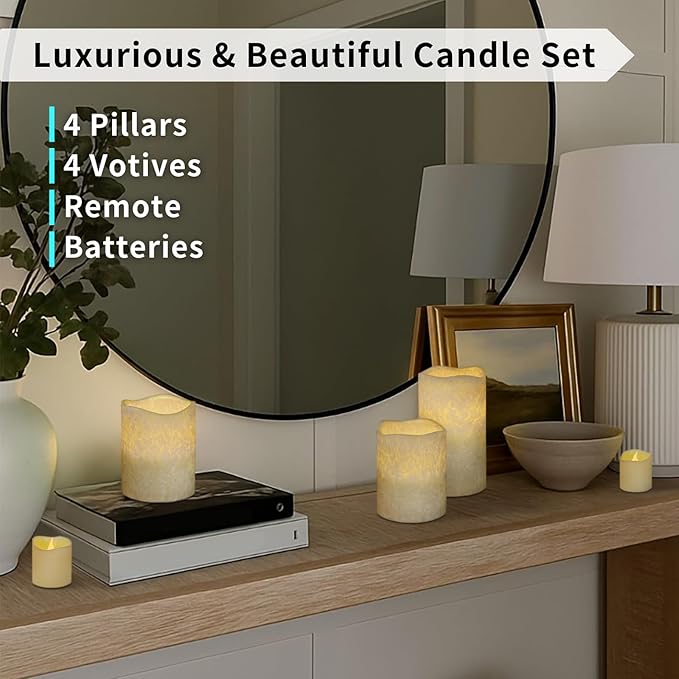 FURORA LIGHTING Ivory Crystallized Real Wax Flickering Candles with Remote and Timer, 4 Pillars and 4 Votives Pack of 8 for Home Décor, Battery Included