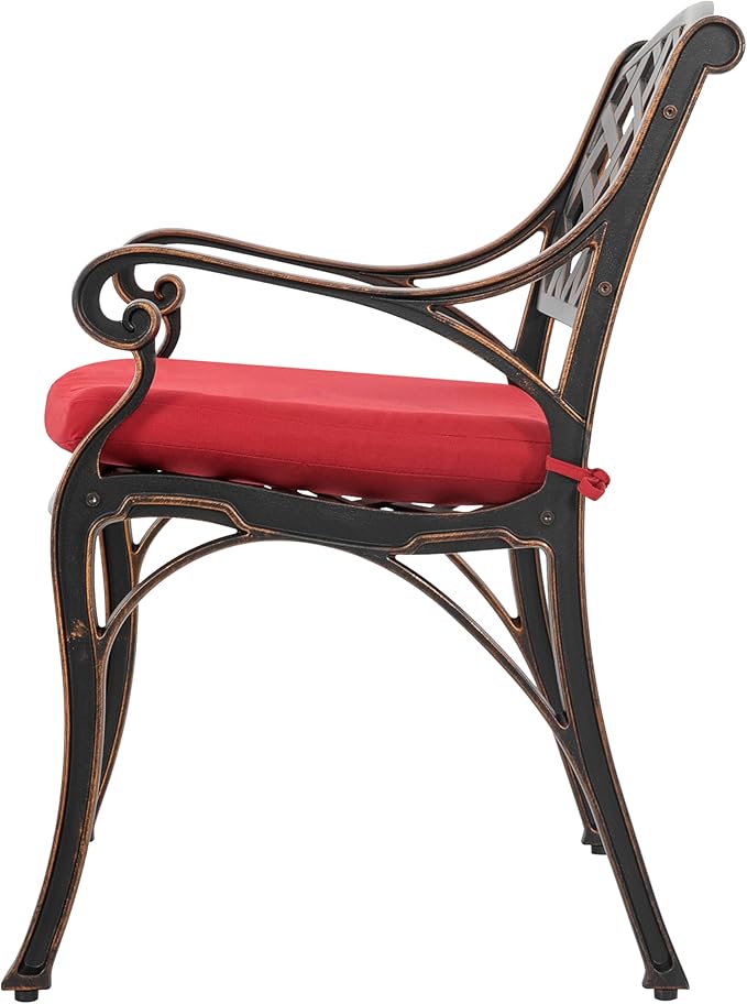 NUU GARDEN 5 Piece Outdoor Patio Dining Set, Cast Aluminum Round Dining Table with Red Cushions, Umbrella Hole and Patio Dining Chairs for Garden, Backyard, Balcony, Black with Bronze Edge
