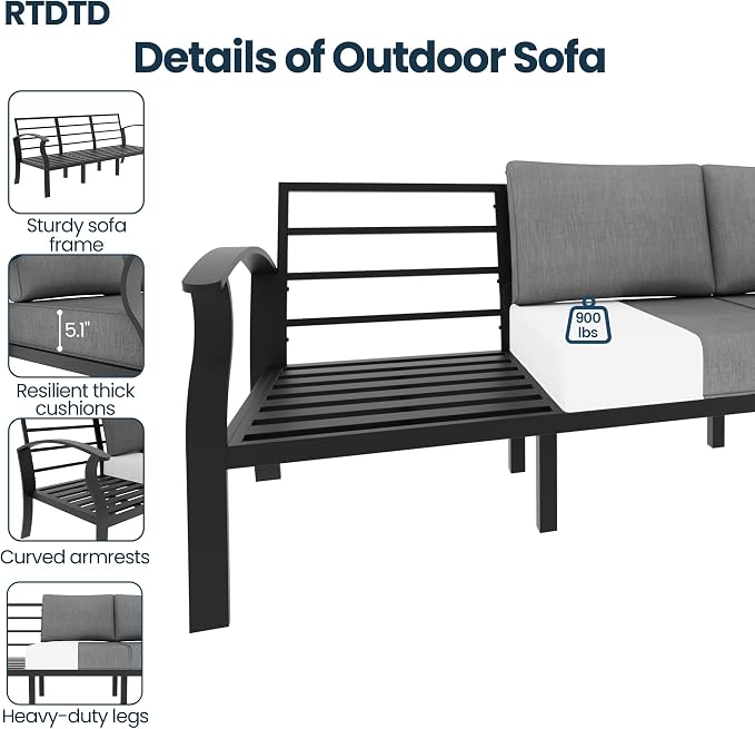 Aluminum Outdoor Patio Furniture Set,4 Pieces 5 Seats Patio Conversation Sets with 45" Propane Fire Pit Table,Metal Patio Sectional Furniture Set with Thick Cushion,Grey