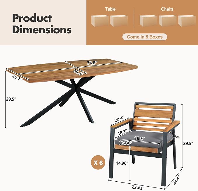 VilroCaz Outdoor 7-Piece Patio Dining Set, Acacia Wood with Iron Frame, All-Weather Rectangle Table and 6 Chairs with Dual-Layer Iron & Wood Seat Frame and Cushions for Backyard Poolside (Gray-5.14G)