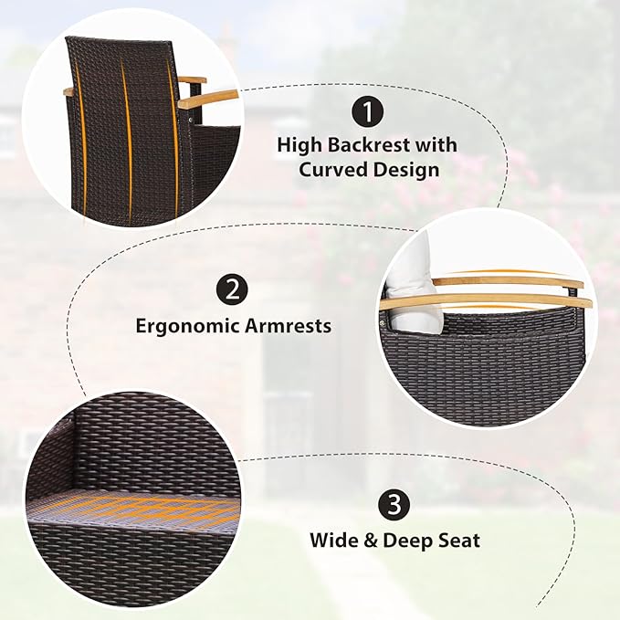 KOTEK 3 Piece Patio Furniture Set, Outdoor Conversation Set with Removable Cushions, Acacia Wood Tabletop and Armrests, PE Rattan Wicker Bistro Set for Porch, Balcony, Backyard (White), Onesize