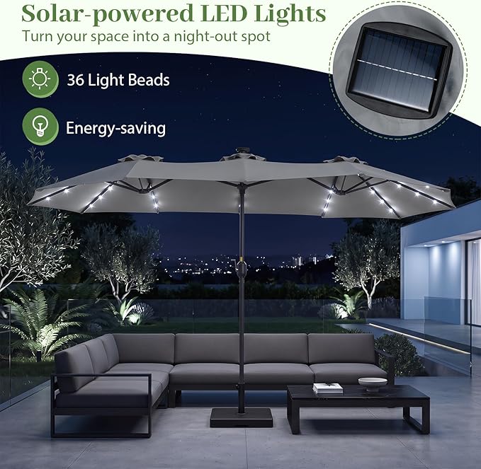 Tangkula 13 Ft Solar Patio Umbrella, Double-Sided Extra Large Outdoor Market Table Umbrella with 36 LED Lights, Crank Handle, 12 Sturdy Ribs for Poolside, Garden & Backyard (Gray)