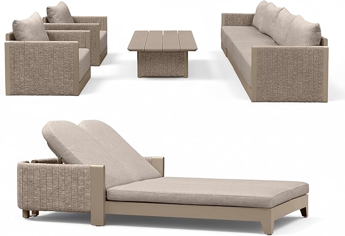 PURPLE LEAF Patio Furniture Set with 2-Person Chaise Lounge 8 Pieces Patio Seating Sofas Aluminum Furniture Outdoor Couch Sectional Set with Cushions and Aluminum Table Patio Conversation Sets Beige