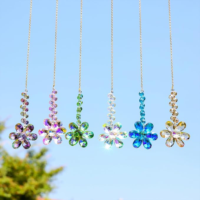 6pcs Crystal Flower Suncatchers Hanging Ornaments, Rainbow Maker Sun Catchers Indoor Window Outdoor Patio Garden Decor Gifts
