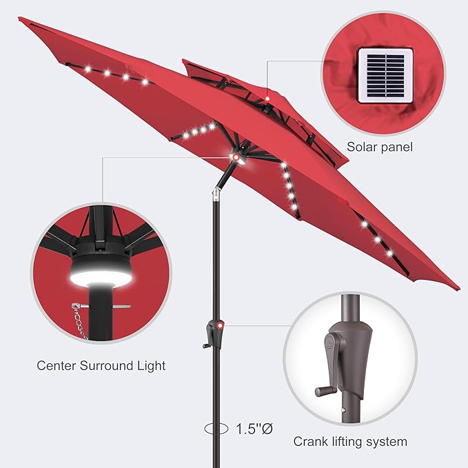Jarka&Co 9ft Solar Patio Umbrella - 2 Tiers Solar Outdoor Umbrella with 40 LED Lights Waterprool UV Protection, Market Table Umbrella with Tilt for Backyard, Garden, Pool, Porch (Red)