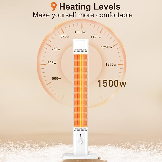 Outdoor Patio Heater with 9 Heat Levels,Space Heater for Garage Backyard Room Indoor,1500W Fast Electric Infrared Heater with Remote,9H Timers,Waterproof,Child Lock, Large