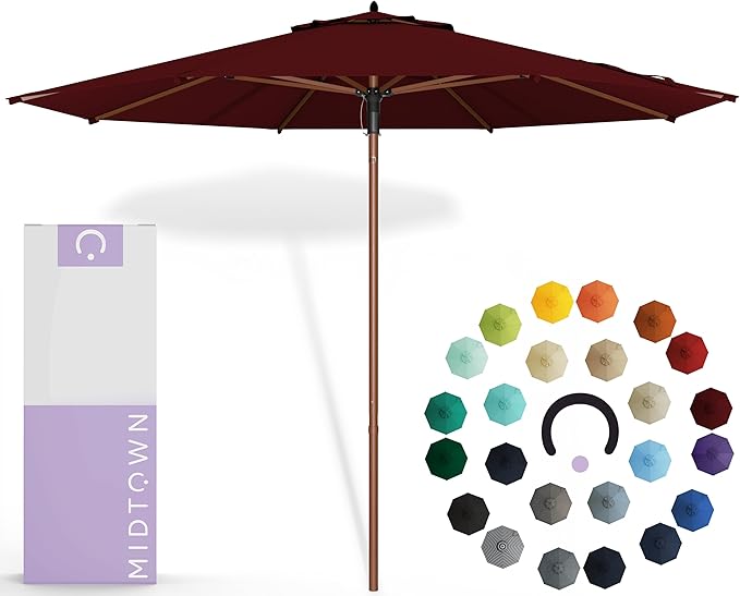 Midtown Umbrellas The Wooden 8 Feet Patio Umbrella With Sunbrella Burgundy Acrylic Fabric - Aluminum Frame Market Umbrella For Backyard, Deck, Garden, Pool - Wooden Pole