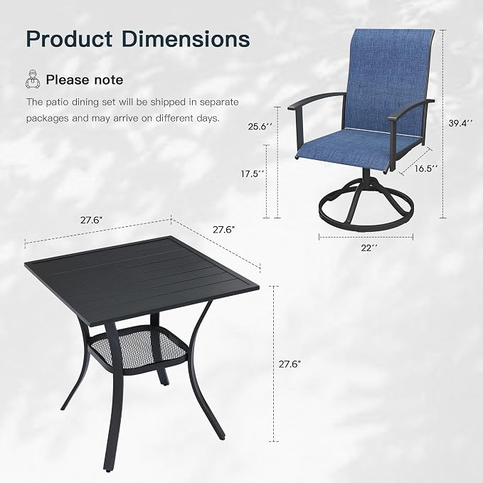 VICLLAX 3 Pieces Patio Outdoor Dining Set, 2 Swivel Textilene Chairs and 27.6" Square Metal Table with Storage for Porch, Deck, Garden, Black/Dark Blue
