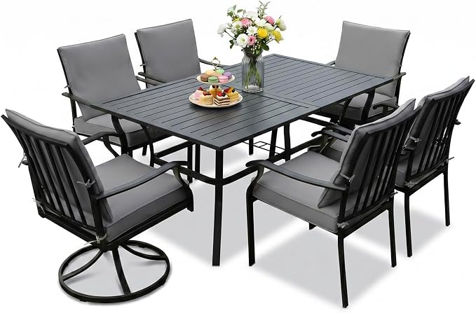 LVUYOYO 7-Piece Outdoor Patio Dining Set, Metal Dining Chair & Rectangular Table Set, All-Weather Furniture for Backyard, Garden,Balcony,Porch (Gray)