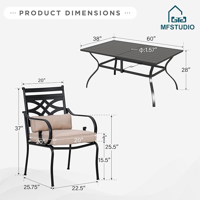 MFSTUDIO Patio Dining Set, 60" Metal Table, Fixed Chairs, Umbrella Hole | Seats 6, All-Weather Use
