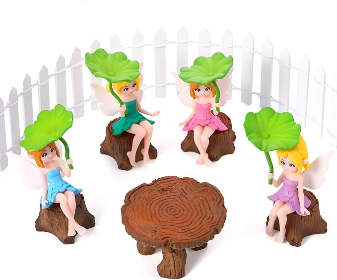 10 PCS Fairy Garden Accessories Included Miniature Table and Chairs Set White Mini Fence Tiny Fairies Figurines Fairy, Garden Furniture Ornaments Kit for Craft Dollhouse Outdoor Decoration