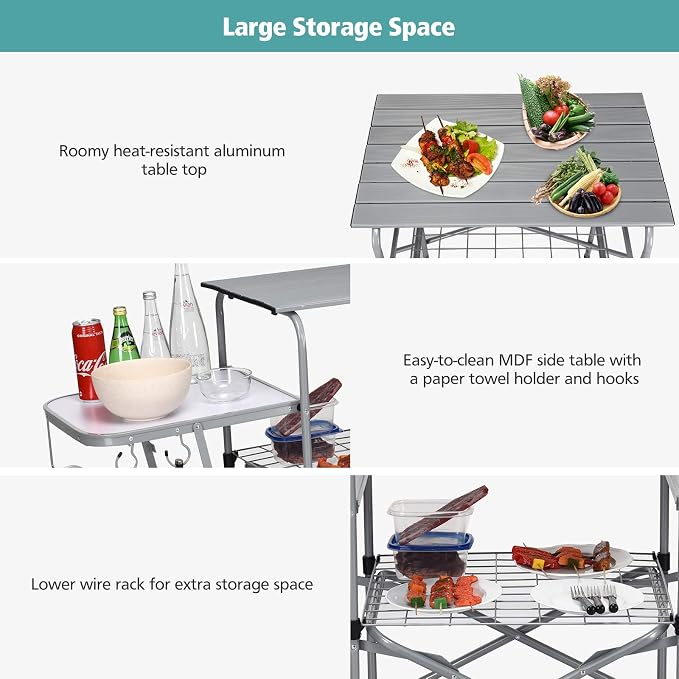 Goplus Folding Grill Table, Aluminum Camping Table with 26'' Main Tabletop, Hooks and Carry Bag, Portable Picnic Table Grill Stand for Outdoor Tailgating BBQ Beach Backyard RV