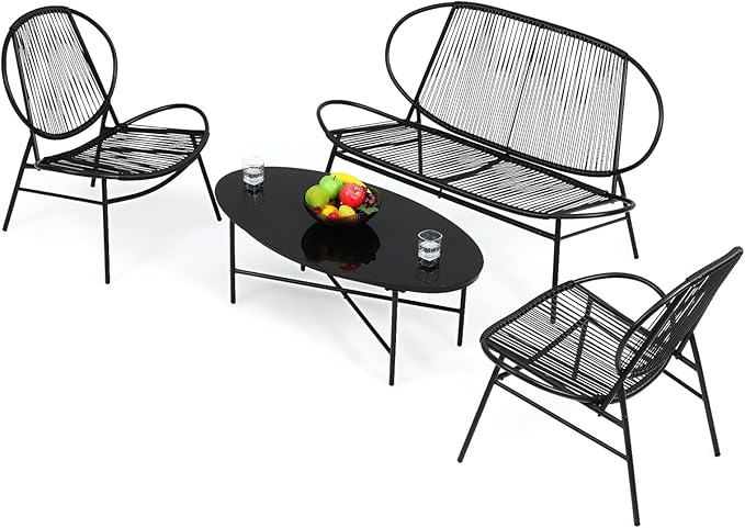 Athena Collection Outdoor Patio Furniture Set 4 Pieces, Metal Outdoor Table and Acapulco Chairs, Small Patio Furniture Bistro Conversation Set for Balcony, Front Porch, Backyard, Gardern, Black