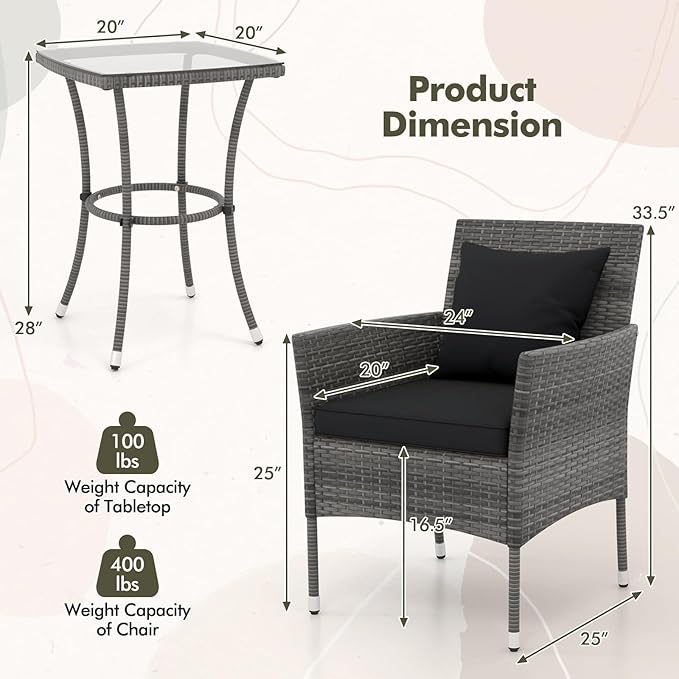 Tangkula 3-Piece Patio Furniture Set, PE Wicker Conversation Bistro Set w/A Tempered Glass Table & 2 Cushioned Chairs, Outdoor Table & Chairs Set for Patio Porch Yard Garden (Black)
