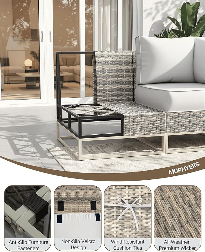 Outdoor Patio Furniture Set 9-Piece PE Rattan Wicker Outdoor Sectional Sofa with 5,000 BTU Fire Pit Table, Modern Modular L-Shaped Conversation Set with Thickened Cushions and Chunky Arms, White