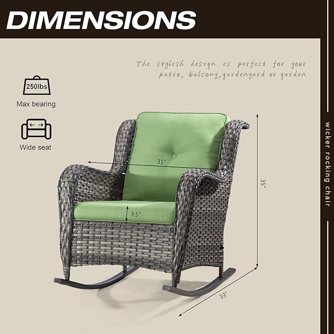 Outdoor Wicker Patio Rocking Chair - All-Weather Lawn Rocking Wicker Furniture with Alloy Steel Frame & Premium Fabric Cushion, Green